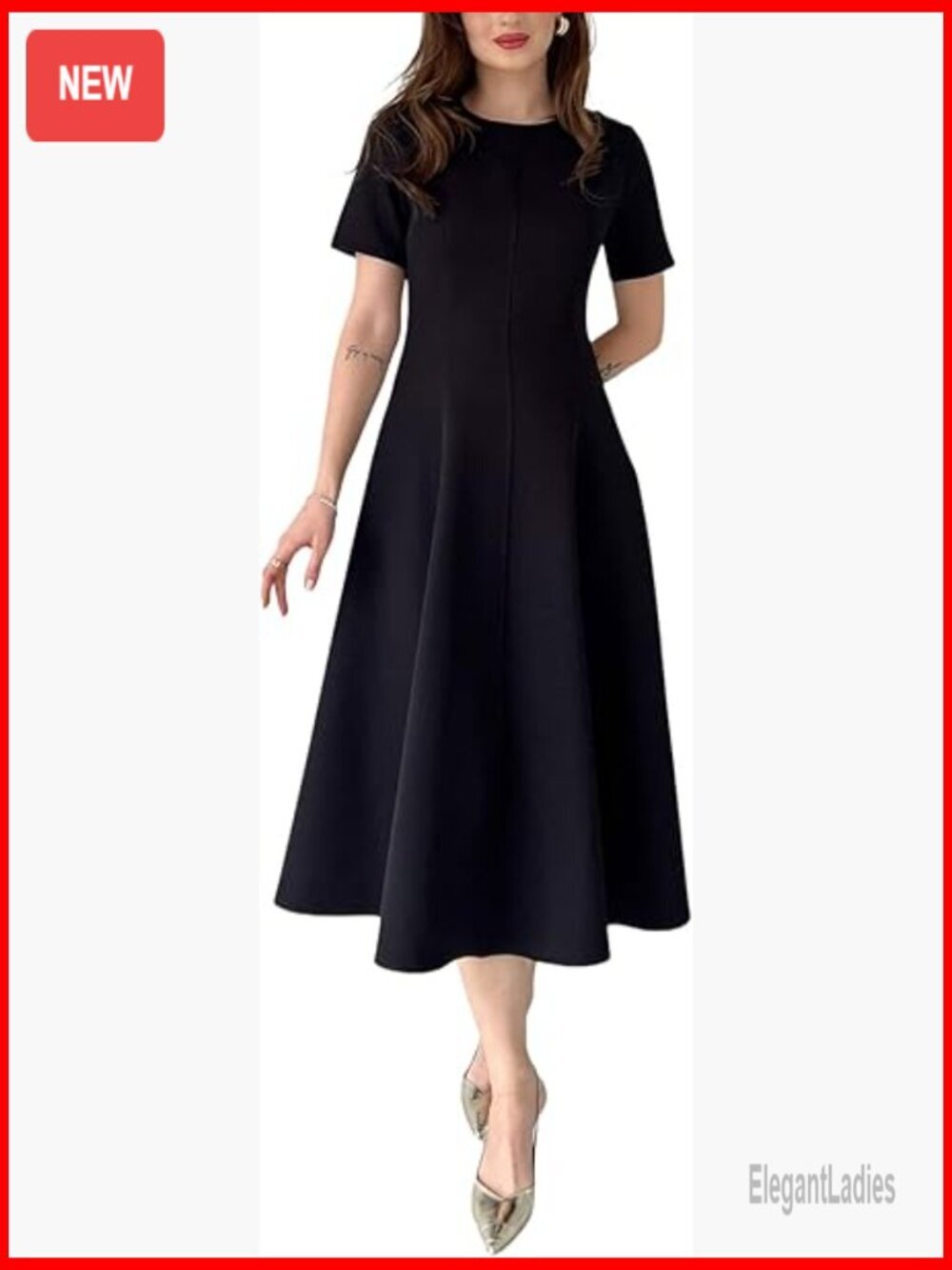 Women's Midi Dress Short Sleeve Fit & Flare A-Line Swing Dress - Picture 1 of 7